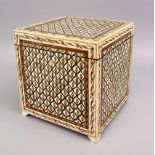 A SUPERB 19TH CENTURY INDIAN IVORY SQUARE BOX, with hinged top, floral design on bracket feet,