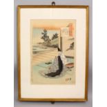 A GOOD JAPANESE MEIJI PERIOD SIGNED FRAMED WOOD BLOCK PRINT - BY GEKKOU, depicting two seated