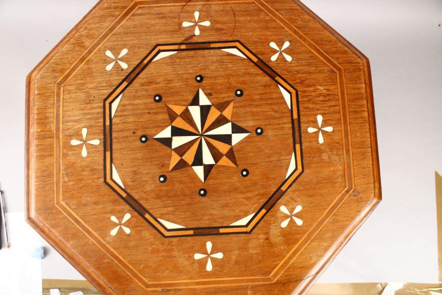 A GOOD 19TH CENTURY INDIAN OCTAGONAL INLAID TABLE, with exotic wood & ivory / bone inlays, 45cm high - Image 3 of 3