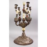 A FINE QUALITY 19TH CENTURY CHINESE SOLID SILVER, IVORY AND PRECIOUS STONE CANDELABRA, the stick