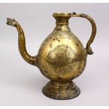 A GOOD 18TH CENTURY INDIAN BRONZE EWER, with carved panels of foliage decoration, and a beast spout,