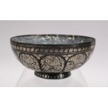 A 19TH CENTURY INDIAN INLAID BIDRI BOWL, with inlaid silver decoration, 13cm.