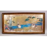 A JAPANESE FRAMED SECTIONAL PANEL PAINTING OF CRANES IN LANDSCAPE, with gilt highlights, 36cm x