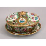 A 19TH CENTURY CHINESE CANTON FAMILLE ROSE PORCELAIN BOX, COVER & TRAY, decorated with panels of