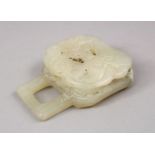 A CHINESE CARVED CELADON JADE PART OF A BELT, carved with funghi and chilong, 6cvm.