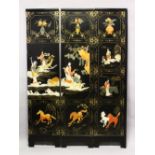 A CHINESE HARDSTONE INLAID THREE SECTION IMMORTAL FOLDING SCREEN, the screen inlaid with