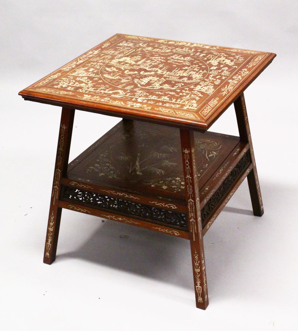 A 19TH / 20TH CENTURY CHINESE BONE INLAID HARDWOOD SQUARE FORMED TABLE, The top inlaid with carved