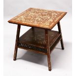 A 19TH / 20TH CENTURY CHINESE BONE INLAID HARDWOOD SQUARE FORMED TABLE, The top inlaid with carved