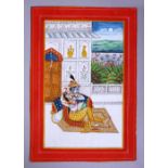 A INDIAN RAJASTHANI JODHPUR SCHOOL MINIATURE PAINTING, depicting a courting couple seated on a