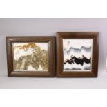 A PAIR OF CHINESE REPUBLIC STYLE FAMILLE ROSE FRAMED PORCELAIN PANELS, both of landscape scenes with