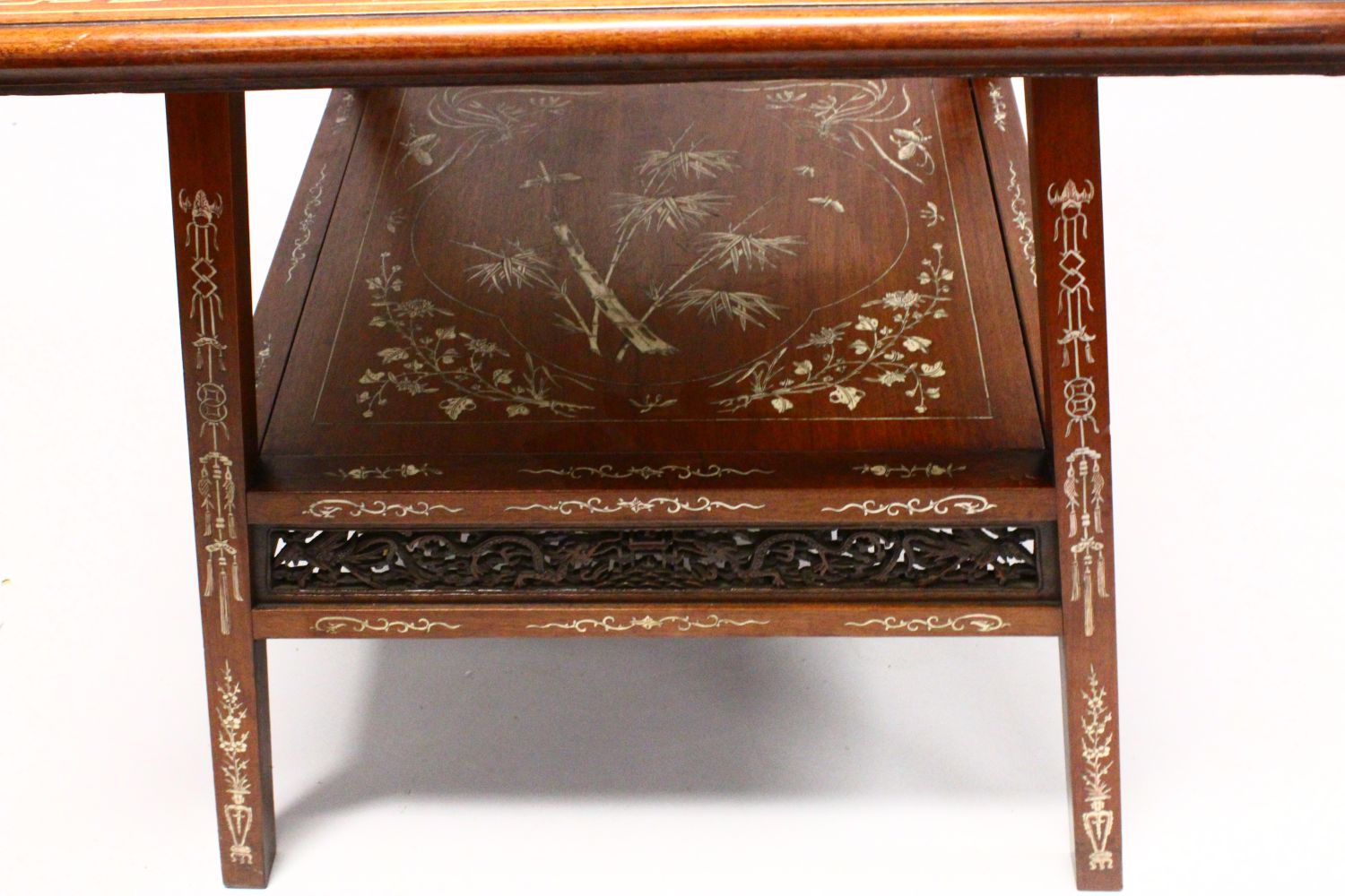 A 19TH / 20TH CENTURY CHINESE BONE INLAID HARDWOOD SQUARE FORMED TABLE, The top inlaid with carved - Image 4 of 4