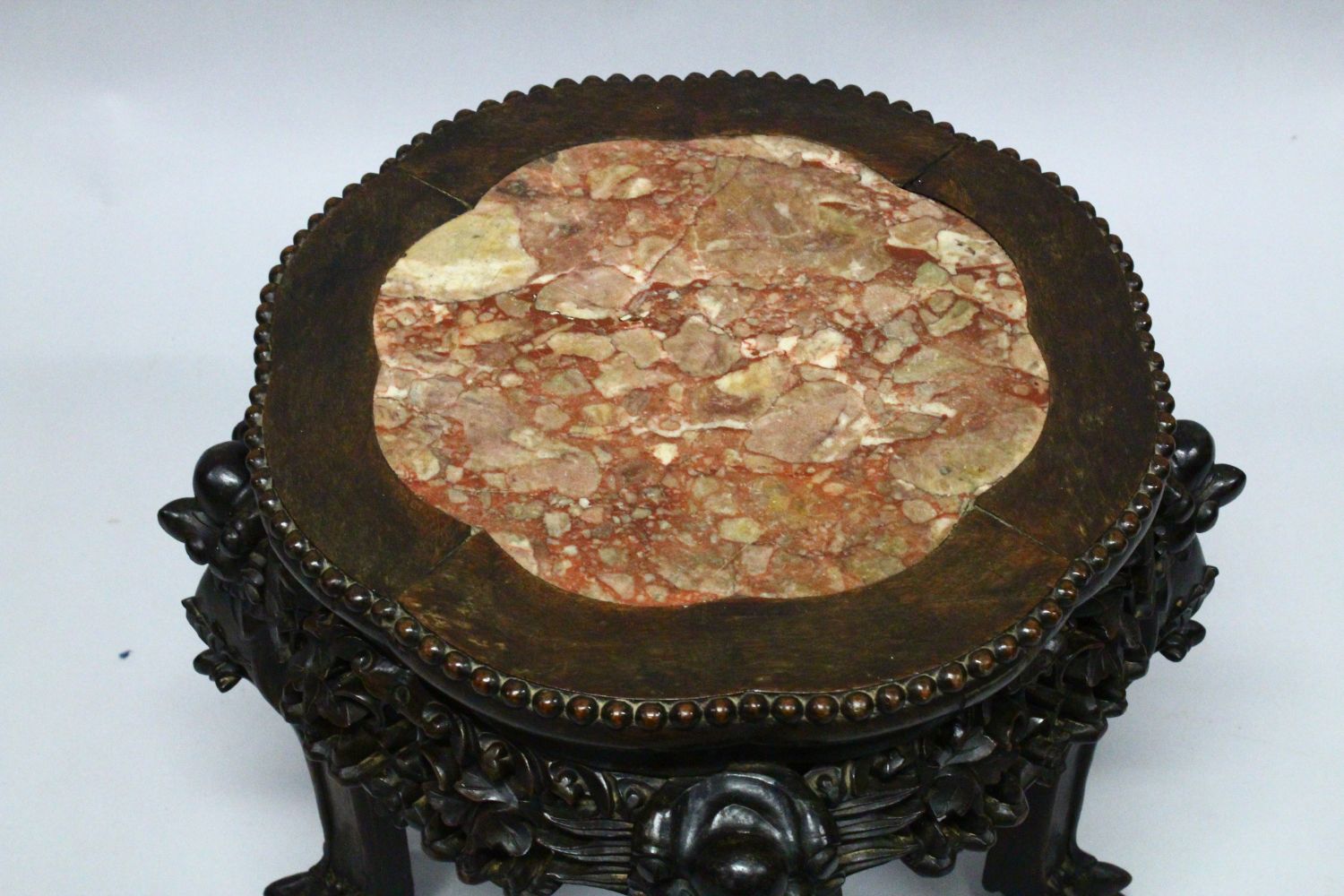 A GOOD CHINESE 19TH CENTURY HARDWOOD MARBLE TOP PLANT STAND, the top inset with marble, the frieze - Image 2 of 2