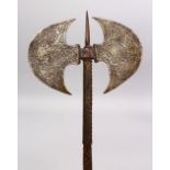 A GOOD 19TH CENTURY QAJAR STEEL ENGRAVED AXE, 52cm x 28cm.