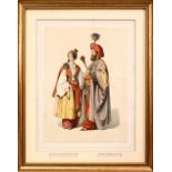 A 19TH CENTURY TURKISH FRAMED PRINT OF TWO FIGURES, 41cm x 32cm.