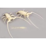 TWO CHINESE CARVED BONE ARTICULATED MODEL OF CRAYFISH, in silk lined box, 33cm & 31cm