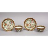 TWO GOOD 19TH CENTURY CHINESE CANTON FAMMILE ROSE PORCELAIN CUPS AND SAUCERS, for the islamic