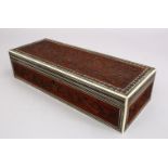 A FINE INDIAN CARVED SANDALWOOD BOX, with micro mosaic style work aside bands of ivory, the lid with