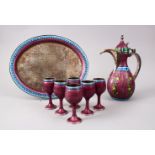 A FINE QUALITY KOREAN SILVER & ENAMEL TEA SET AND TRAY, comprising of one ewer, 26cm, six goblets,