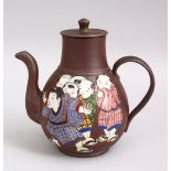 A GOOD CHINESE YIXING CLAY TEAPOT ENAMELLED DECORATION OF SIX BOYS, the base with a signature.