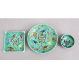 THREE CHINESE TURQUOISE GLAZED PORCELAIN ITEMS, comprising one saucer dish 14cm, one wine cup, 6.
