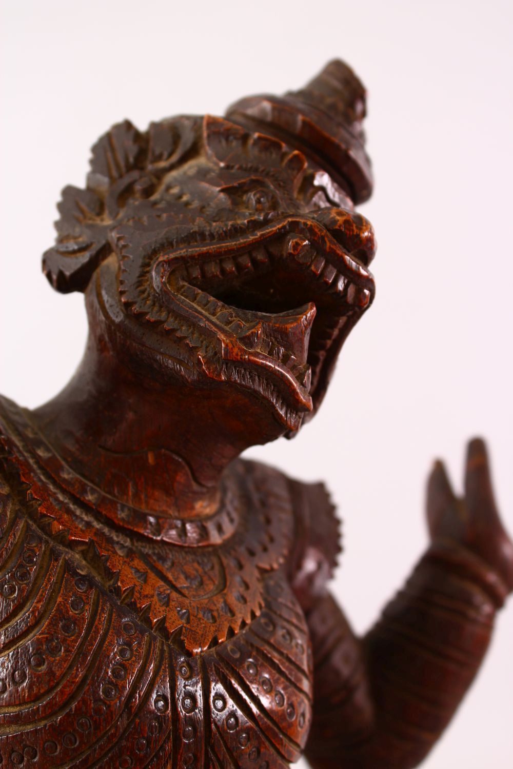 A GOOD 19TH CENTURY OR EARLIER BURMESE CARVED WOODEN FIGURE OF A DEITY, 48cm high. - Image 7 of 8