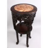 A GOOD 19TH CENTURY CHINESE CARVED HARDWOOD MARBLE TOP STAND, the top inset with marble, the sides