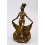 A CHINESE / ORIENTAL BRONZE FIGURE OF AN ELEGANT LADY STOOD WITHING A SHELL, 29cm X 18cm