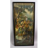 A CHINESE FRAMED PAINTING OF FIGURES ON A BALCONY SETTING, with a lower section of calligraphy,