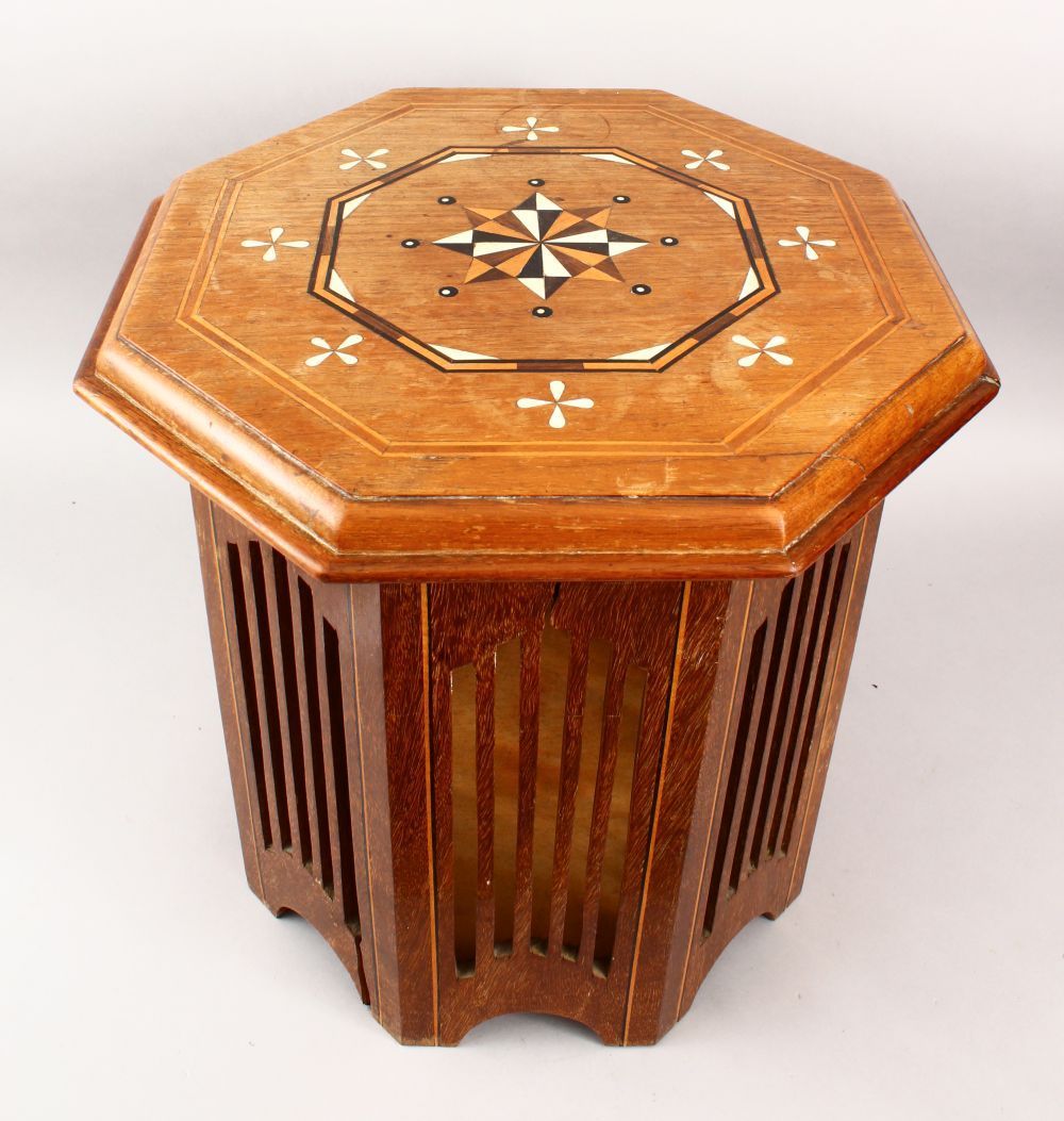 A GOOD 19TH CENTURY INDIAN OCTAGONAL INLAID TABLE, with exotic wood & ivory / bone inlays, 45cm high