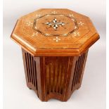 A GOOD 19TH CENTURY INDIAN OCTAGONAL INLAID TABLE, with exotic wood & ivory / bone inlays, 45cm high