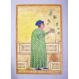 A INDIAN MUGHAL SCHOOL PAINTING MINIATURE OF NOBLEMAN, wearing a green full length gown with a cup