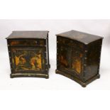 A PAIR OF 19TH CENTURY CHINOISERIE LACQUERED SIDE CABINETS, with bamboo formed side rails, the