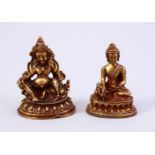 TWO CHINESE GILT BRONZE FIGURES OF DEITY / BUDDHA, both in seated positions, 5cm