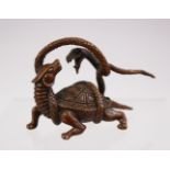 A JAPANESE MEIJI STYLE BRONZE FIGURE OF A SNAKE AND MINOGAME, 8CM.