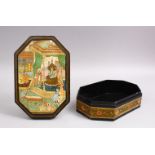 A GOOD 19TH CENTURY PERSIAN PAINTED LACQUER BOX DEPICTING A COURT SCENE, 23cm X 15cm