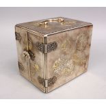 A GOOD JAPANESE MEIJI PERIOD SILVER AND GILT MINATURE TABLE CABINET, the cabinet carved with