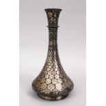 A 19TH CENTURY INDIAN BIDRI HUQQA BASE, with inlaid silver decoration, 23cm.