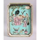 A GOOD CHNESE 19TH CENTURY CANTON FAMILLE ROSE PORCELAIN TRAY, the tray decorated with scenes of