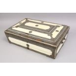 A LARGE 19TH CENTURY INDIAN IVORY AND MOSAIC BANDED SEWING BOX, with fitted interior, 17in long,