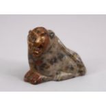 A CHINESE CARVED SOAPSTONE FIGURE OF A MYTHICAL CAT, 7cm long