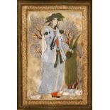 A GOOD QUALITY SAFAVID MINIATURE PAINTING OF A PRINCE STANDING, framed, the minature itself 14cm x