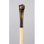 A 19TH CENTURY INDIAN MUGHAL TIGER HEAD MOUNTED WHALE BONE SWAGGER STICK, 82cm.