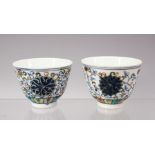 A GOOD PAIR OF CHINESE DOUCAI PORCELAIN CUPS, each decorated with scenes of formall lotus foliage,
