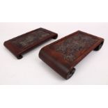 TWO 19TH CENTURY CHINESE CARVED HARD WOOD STANDS, both stands carved depicting native landscape