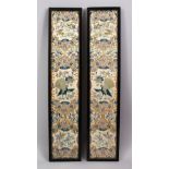 A PAIR OF 19TH CENTURY CHINESE EMBROIDERED FRAMED PANELS, depicting birds and butterflies around