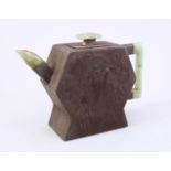 A CHINESE ZINN & JADE TEAPOT, the body of the pot decorated with immortal figure and bats, the