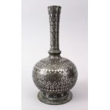 AN 18TH / 19TH CENTURY INDIAN BIDRI SILVER INLAID DRINKING BOTTLE, 30CM.