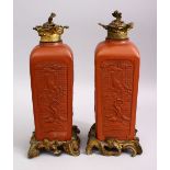 A GOOD PAIR OF CHINESE YIXING CLAY VASES AS LAMPS, the vases converted to lamps with ormolu