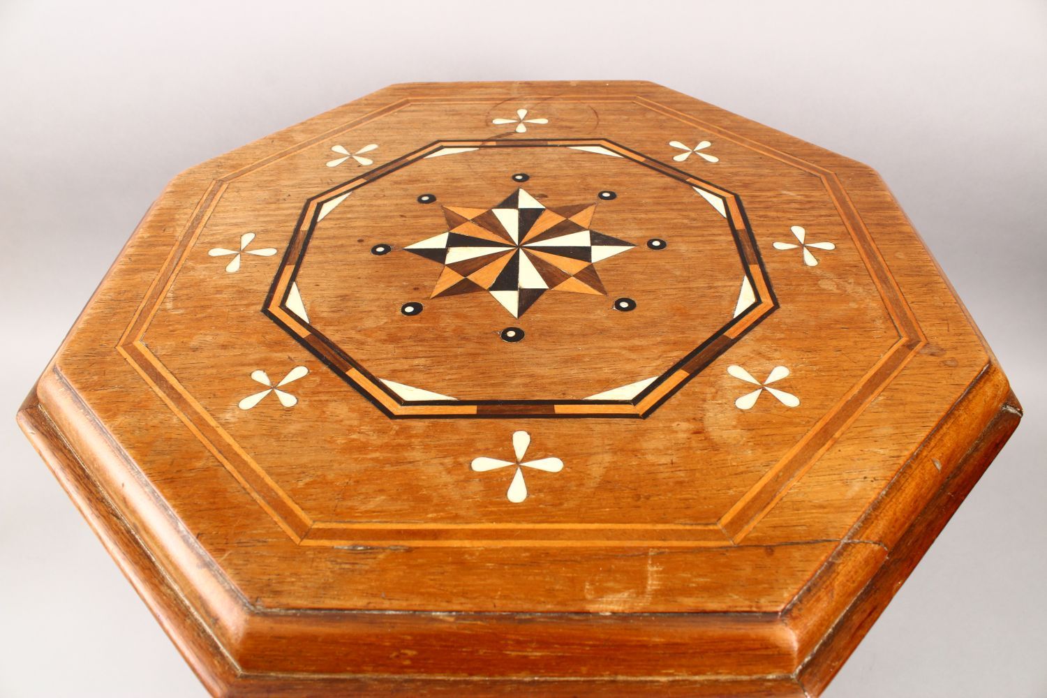 A GOOD 19TH CENTURY INDIAN OCTAGONAL INLAID TABLE, with exotic wood & ivory / bone inlays, 45cm high - Image 2 of 3