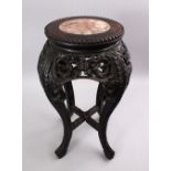 A GOOD 19TH CENTURY CHINESE HARDOOD MARBLE TOP PLANT STAND, the top inset with a marble roundel,